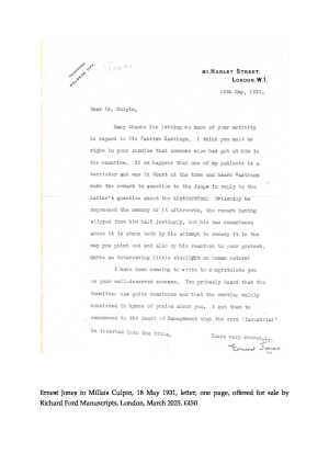 Jones to Millais Culpin, 18 May 1931