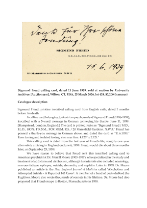 Freud to Merrill Moore (probably), a calling card, dated 11 June 1939